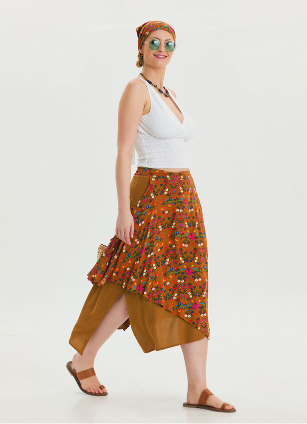 Mustard Bohemian Skirt with Elastic Waist and Tie Detail 4520